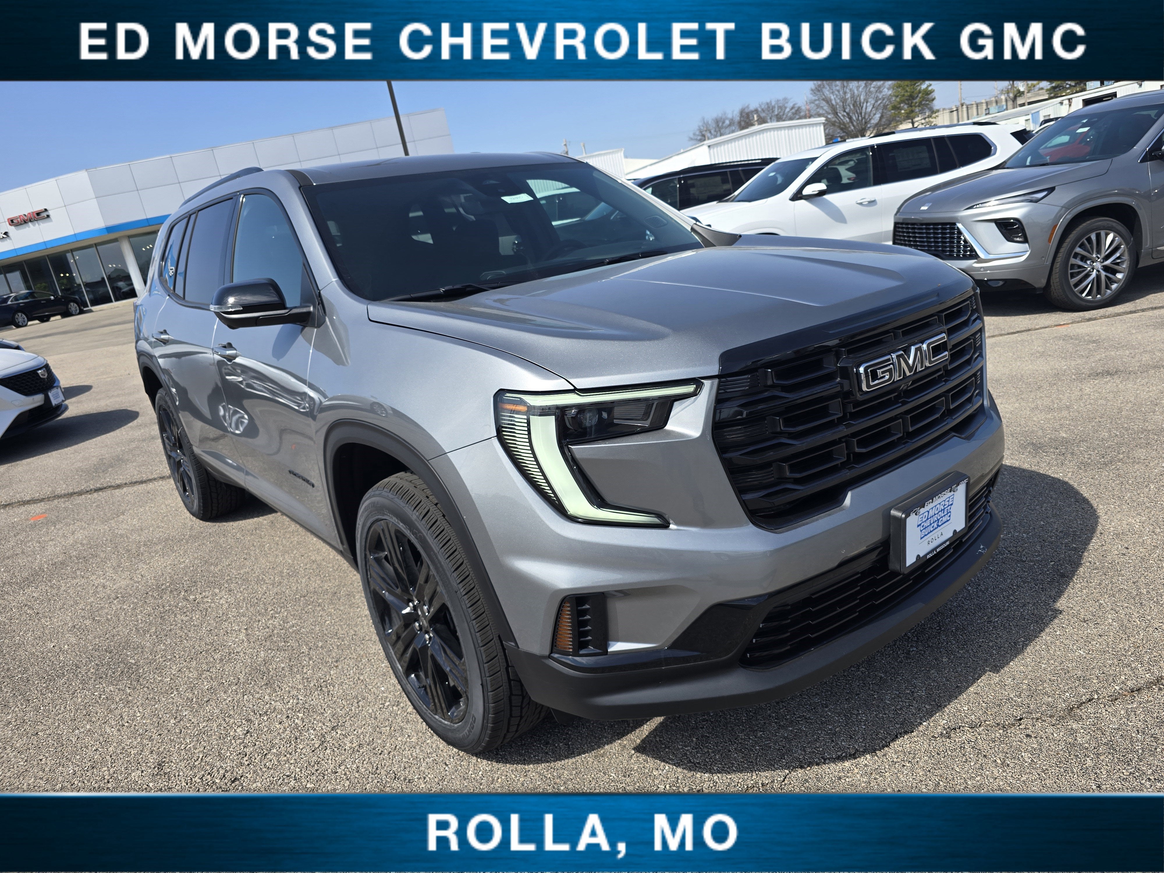 2026 GMC Acadia Elevation in Sterling Metallic — front three-quarter view