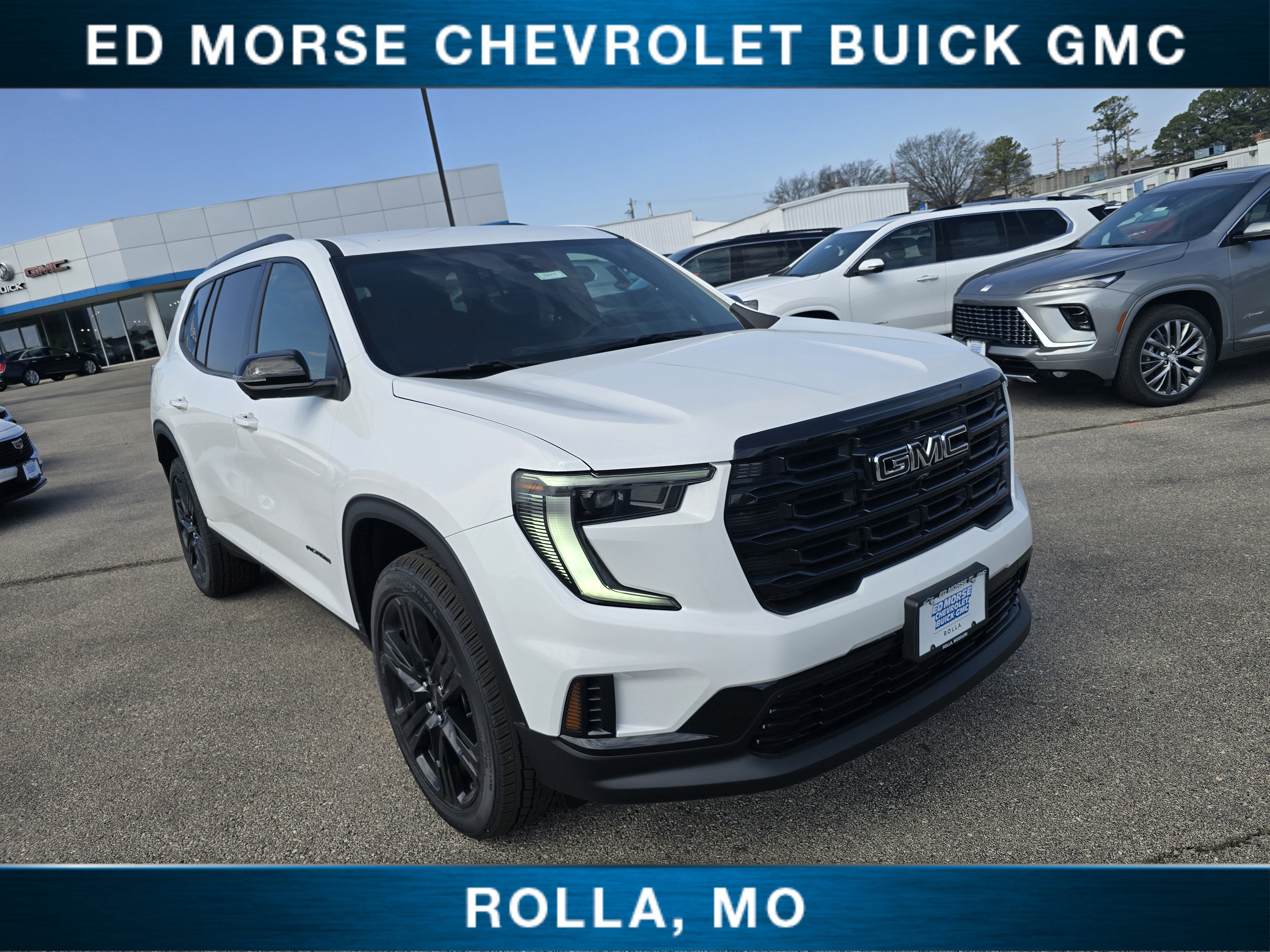 2026 GMC Acadia Elevation in Summit White — front three-quarter view